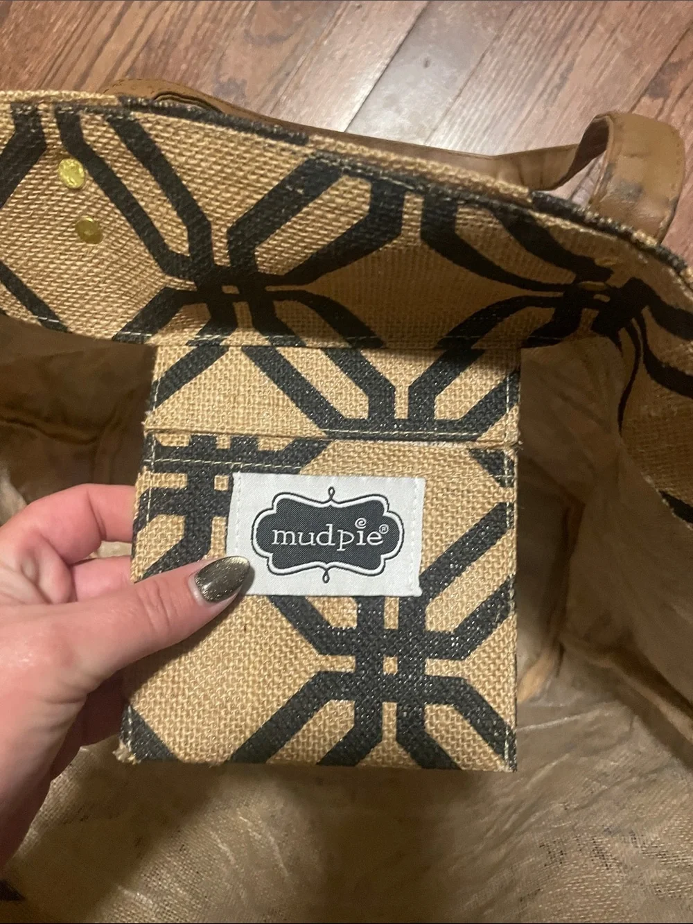Mud Pie Black Geometric Jute Tote with Tan Handles